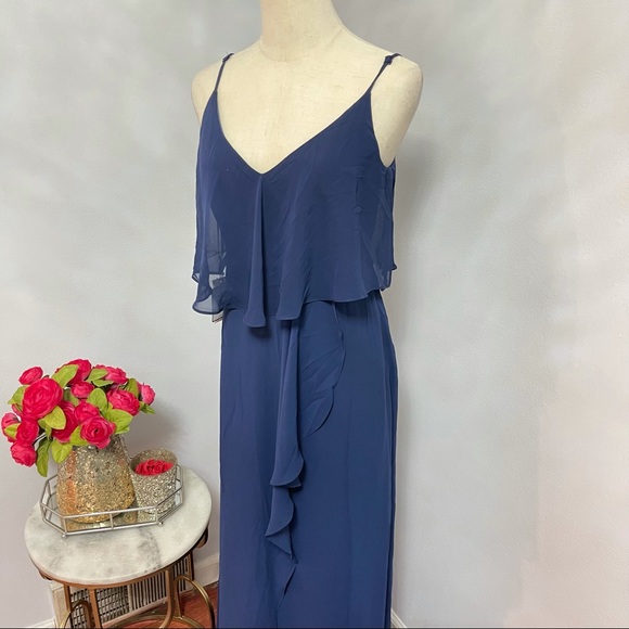 # Laundry Shelli Segal Midnight Pop Over Ruffled Chiffon Maxi Gown Dress Size 2 - Picture 7 of 15